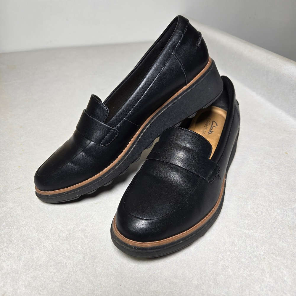 Clarks Collection Leather Wedge Penny Loafers Black Dark Academia Work 9